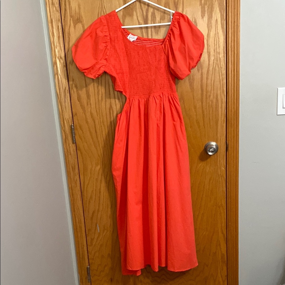 Heyson Red Orange Puff Sleeve Dress with Cut-out Detail